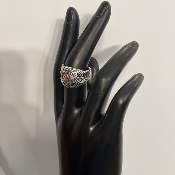 Silver Feather Red Crystal Evil Eye Ring - Picture 12 of 15